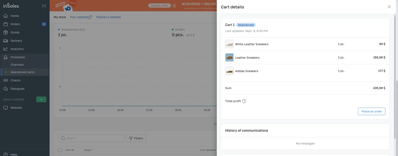 Cart details drawer in the inSales admin listing three products, the cart total, a Place an order button and an empty communication history