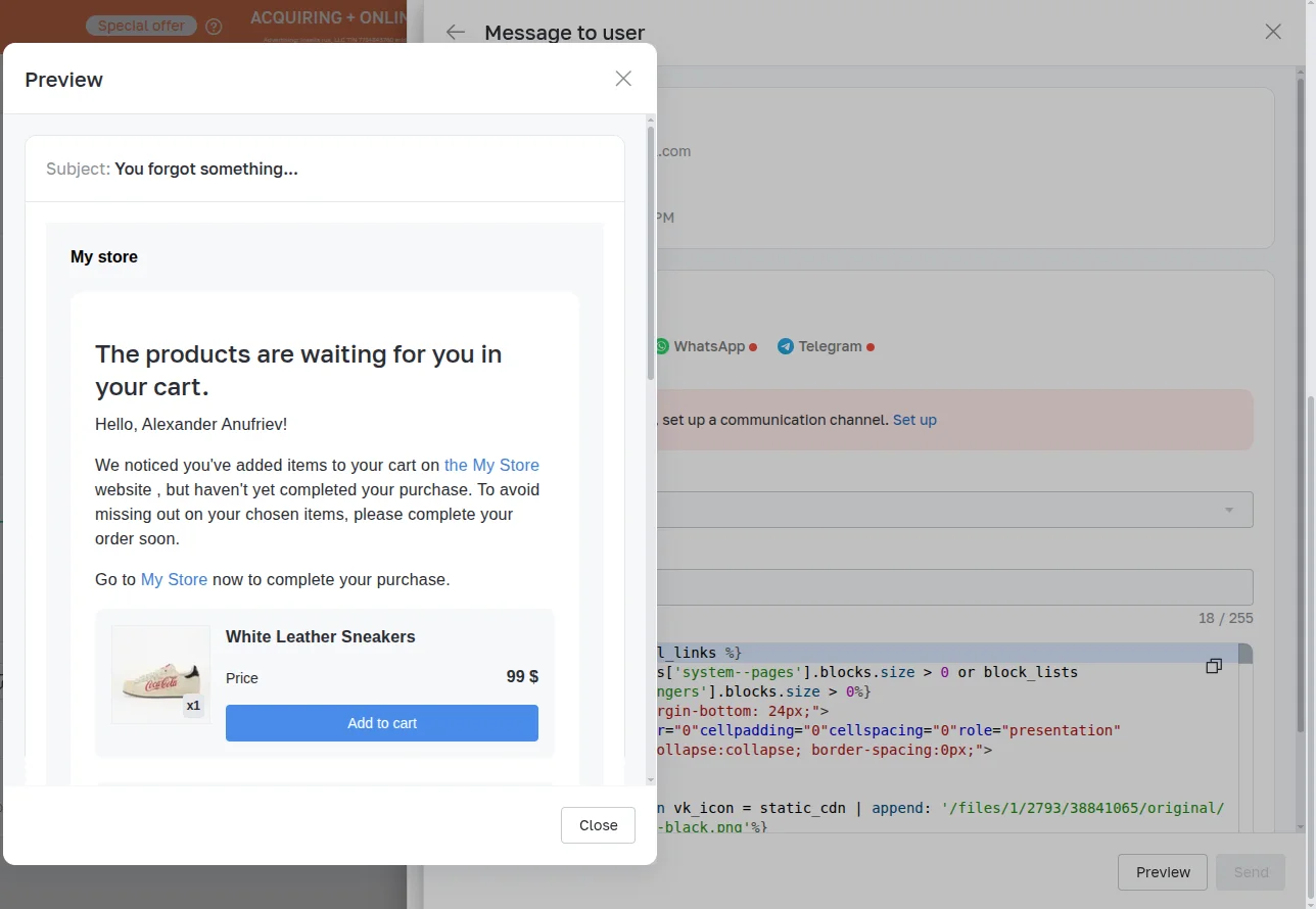 Email preview rendered with the selected cart's data next to the message form