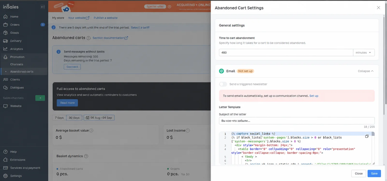 Abandoned cart settings with the time before a cart counts as abandoned and an email template in the code editor