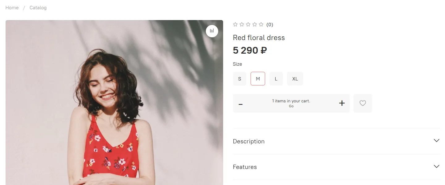 Product page on the Stories template with size buttons, price and the in-cart counter