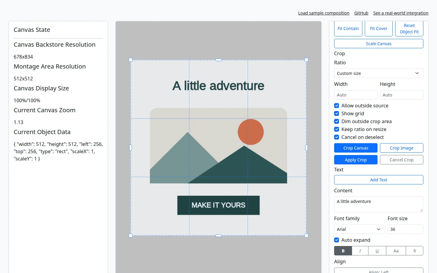 Canvas crop mode in the public demo: a grid over the composition and Apply Crop and Cancel Crop controls