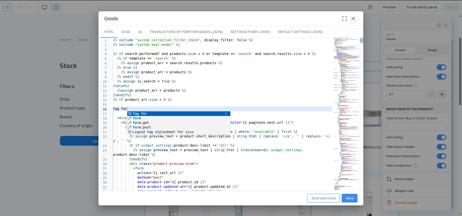 Widget code editor with six file tabs showing a Liquid "for" tag suggestion inside HTML markup