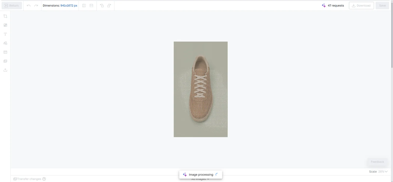 The editor during AI background removal: the image shows a processing overlay and the toolbar is disabled