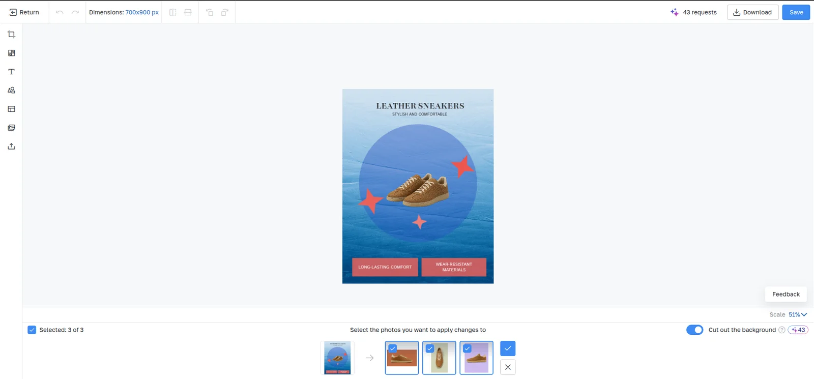 Bulk transfer mode: three target product photos selected under the source composition, with the Cut out the background toggle on