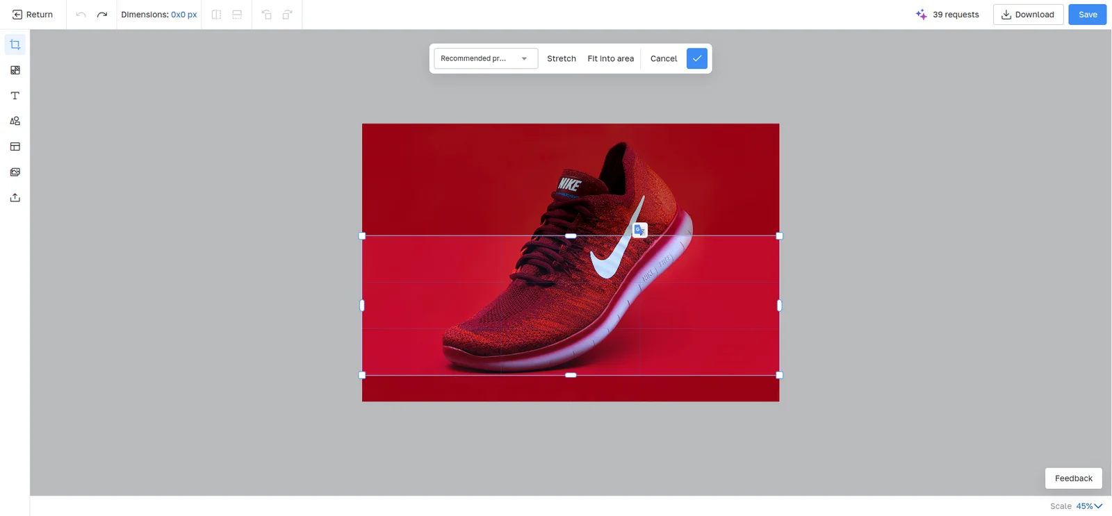 The same editor opened from the visual site editor, cropping a banner image to a recommended ratio
