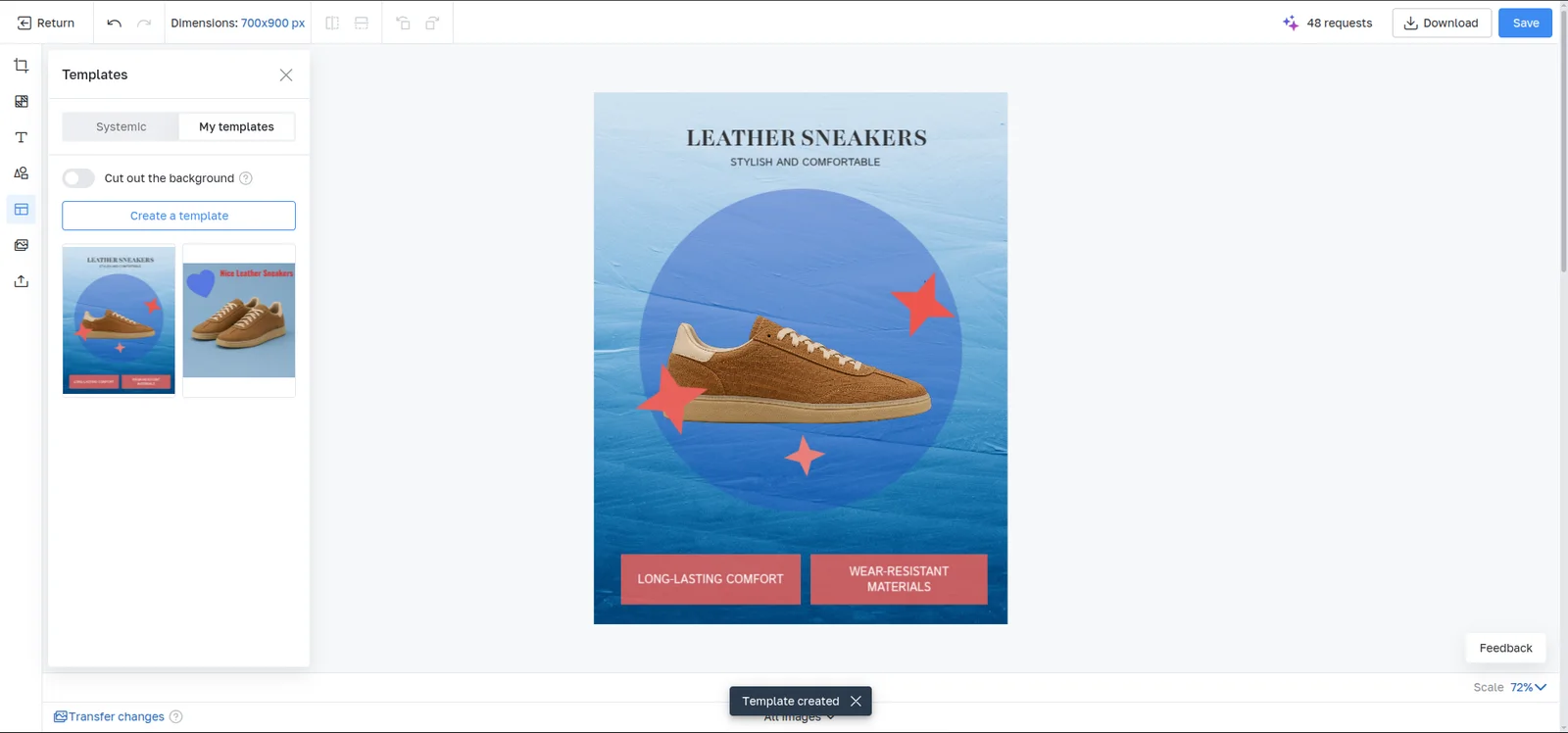 The inSales image editor with the My templates panel open and a sneaker infographic on the canvas after a user template was created