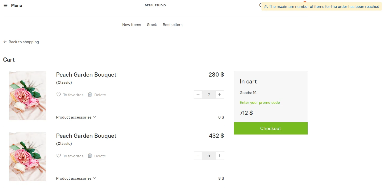 Cart with 7 standard and 9 gift units of one variant and a maximum quantity warning
