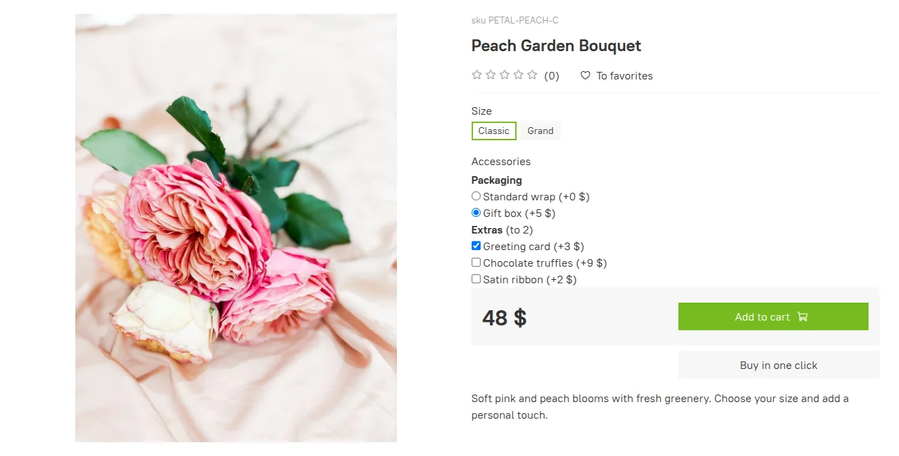 Demo-store product page for a bouquet with Classic size, gift box and greeting card selected and the price updated to 48 dollars